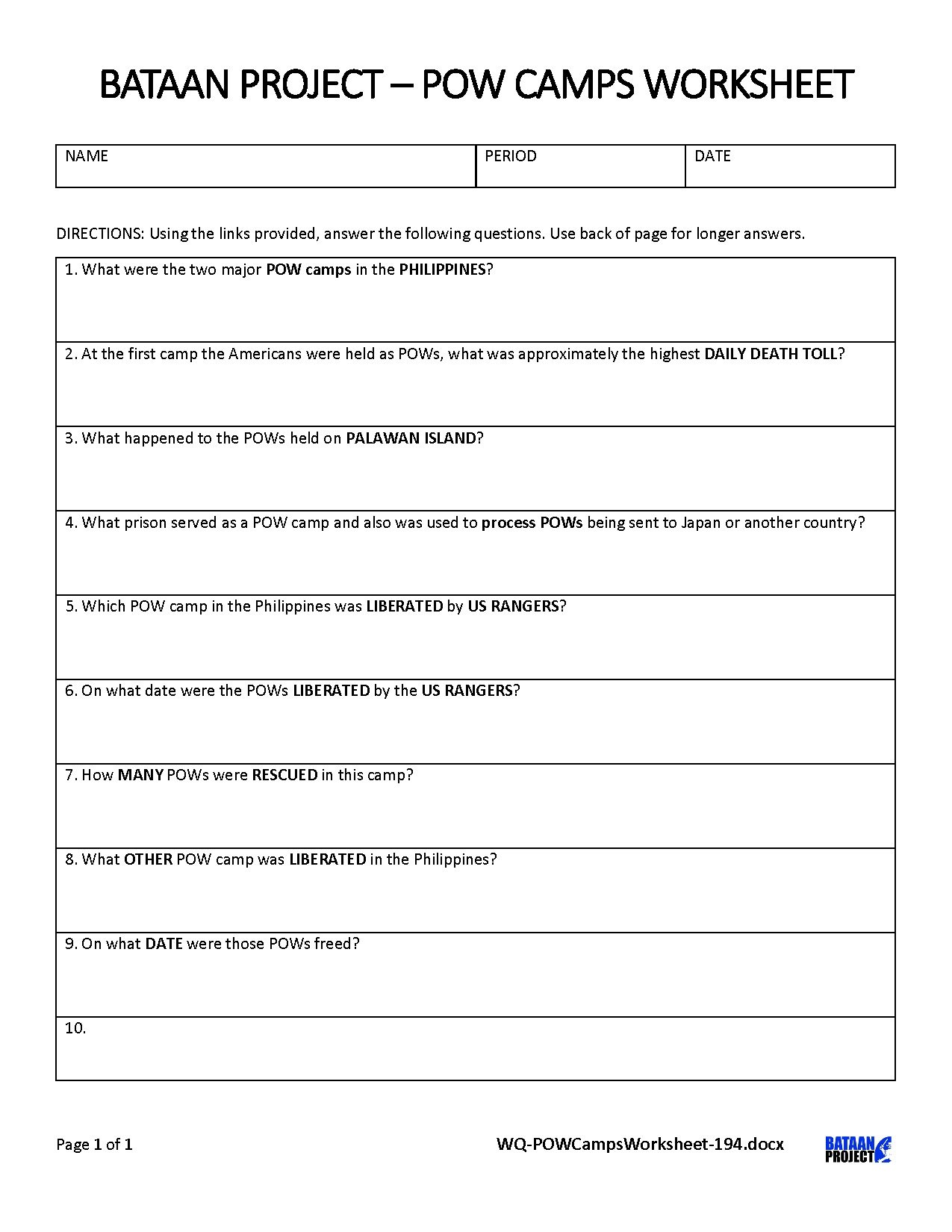 WebQuest Student Activity Worksheets (194th) - Bataan Project